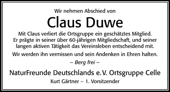 Traueranzeige von Claus Duwe von Cellesche Zeitung