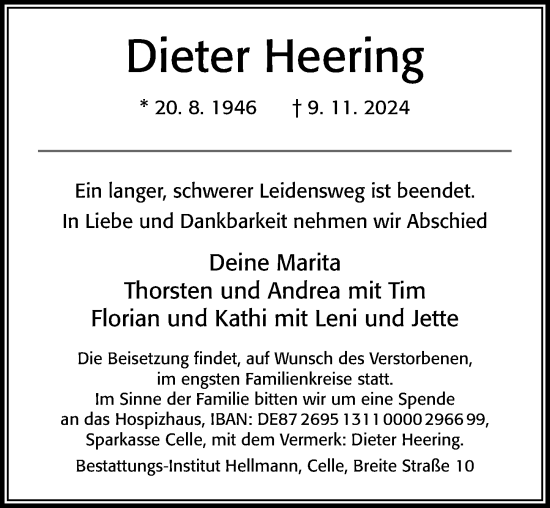 Traueranzeige von Dieter Heering von Cellesche Zeitung