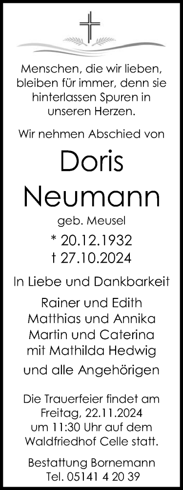 Traueranzeige von Doris Neumann von Cellesche Zeitung