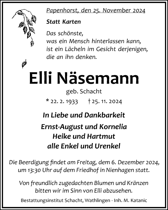 Traueranzeige von Elli Näsemann von Cellesche Zeitung