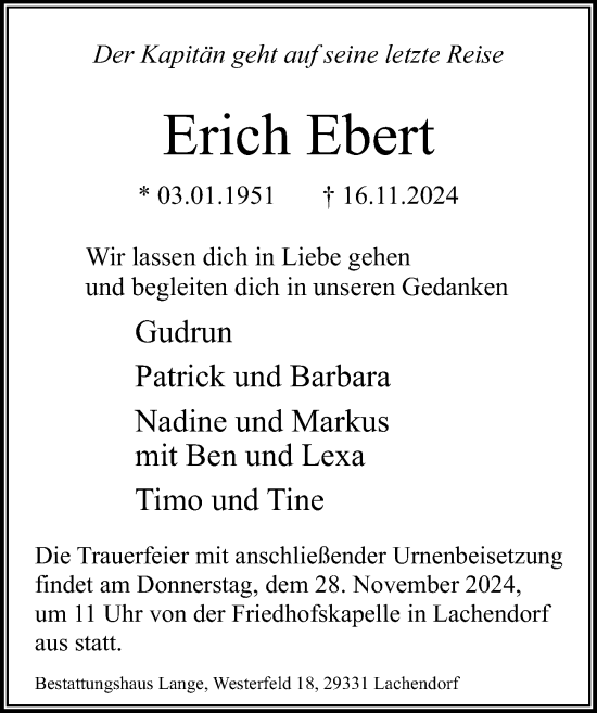 Traueranzeige von Erich Ebert von Cellesche Zeitung