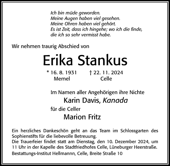 Traueranzeige von Erika Stankus von Cellesche Zeitung