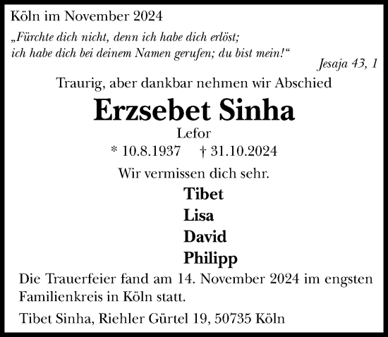 Traueranzeige von Erzsebet Sinha von Cellesche Zeitung