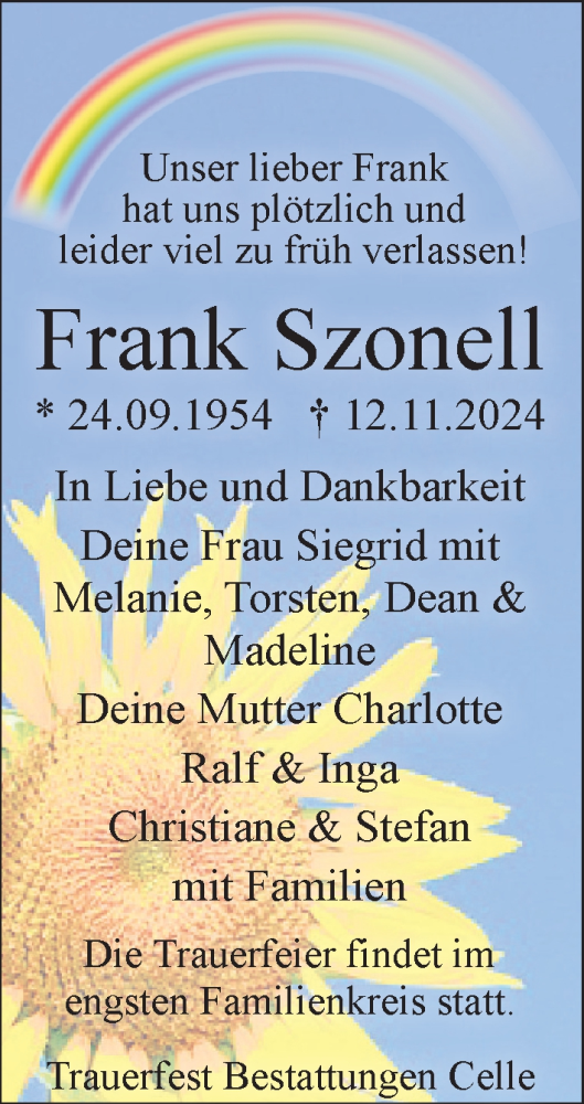 Traueranzeige von Frank Szonell von Cellesche Zeitung