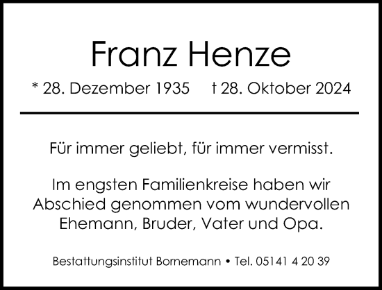 Traueranzeige von Franz Henze von Cellesche Zeitung