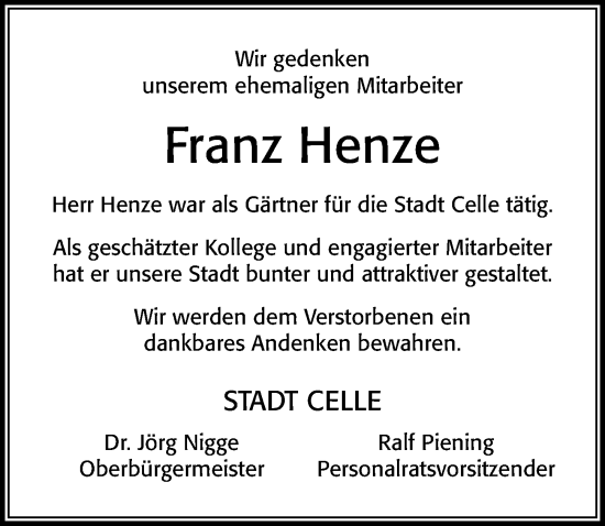 Traueranzeige von Franz Henze von Cellesche Zeitung