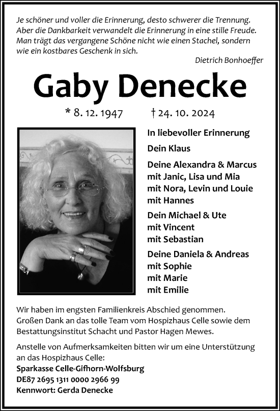 Traueranzeige von Gaby Denecke von Cellesche Zeitung