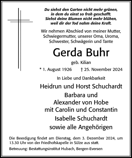 Traueranzeige von Gerda Buhr von Cellesche Zeitung