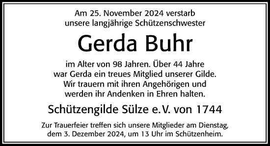 Traueranzeige von Gerda Buhr von Cellesche Zeitung