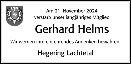 Traueranzeige von Gerhard Helms von Cellesche Zeitung