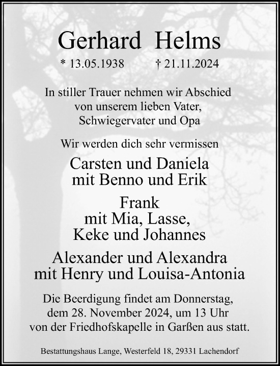 Traueranzeige von Gerhard Helms von Cellesche Zeitung