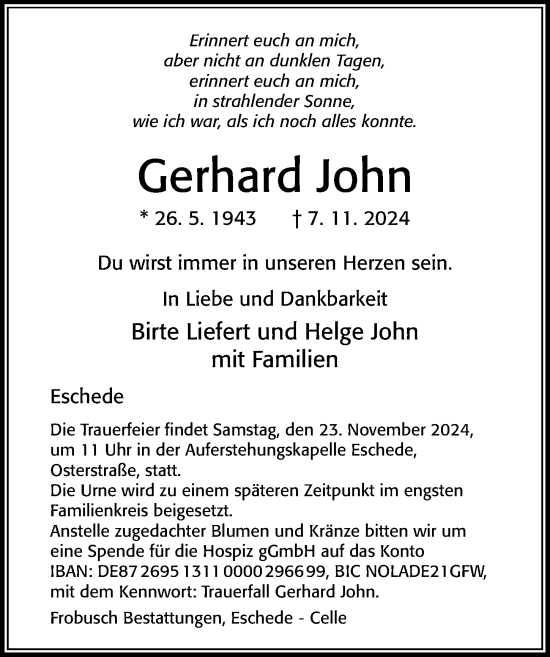 Traueranzeige von Gerhard John von Cellesche Zeitung