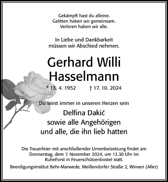 Traueranzeige von Gerhard Willi Hasselmann von Cellesche Zeitung