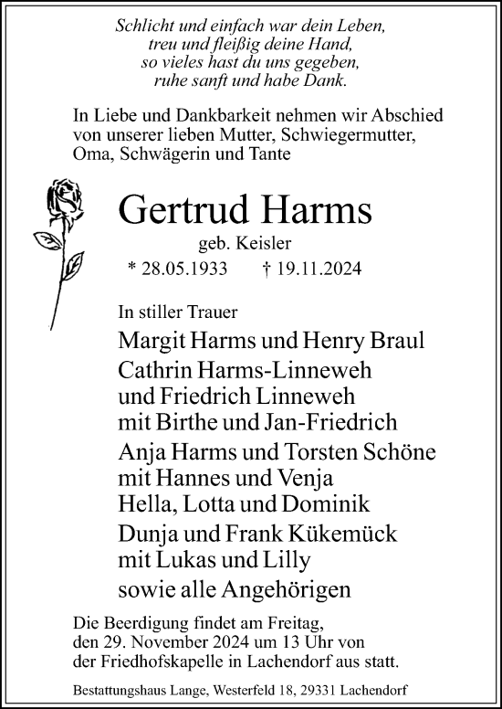 Traueranzeige von Gertrud Harms von Cellesche Zeitung