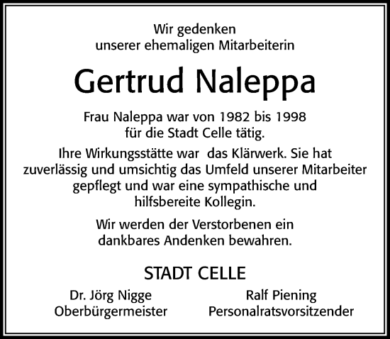 Traueranzeige von Gertrud Naleppa von Cellesche Zeitung