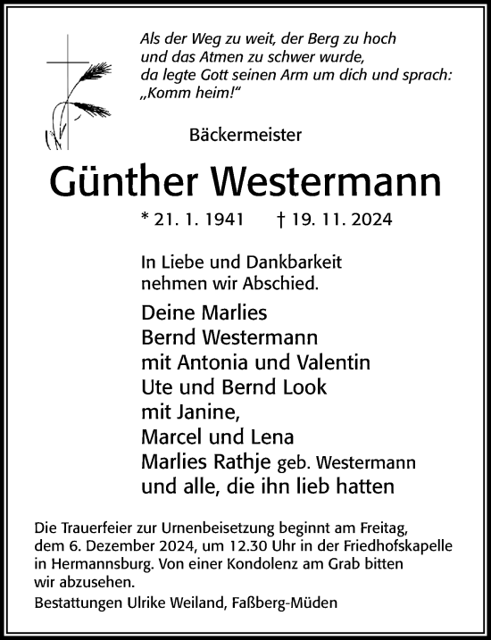 Traueranzeige von Günther Westermann von Cellesche Zeitung