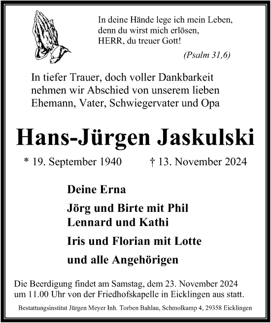 Traueranzeige von Hans-Jürgen Jaskulski von Cellesche Zeitung