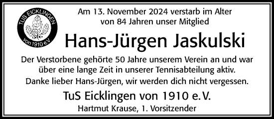 Traueranzeige von Hans-Jürgen Jaskulski von Cellesche Zeitung