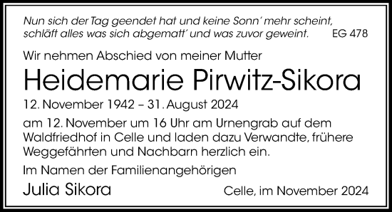 Traueranzeige von Heidemarie Pirwitz-Sikora von Cellesche Zeitung