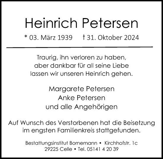 Traueranzeige von Heinrich Petersen von Cellesche Zeitung