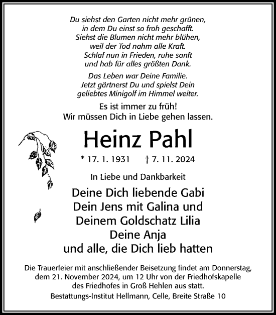 Traueranzeige von Heinz Pahl von Cellesche Zeitung