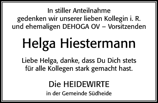 Traueranzeige von Helga Hiestermann von Cellesche Zeitung