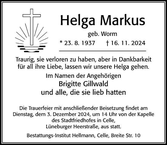 Traueranzeige von Helga Markus von Cellesche Zeitung