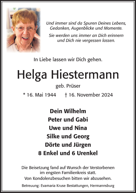 Traueranzeige von Helga Hiestermann von Cellesche Zeitung