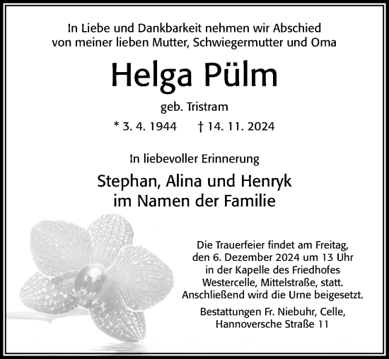 Traueranzeige von Helga Pülm von Cellesche Zeitung