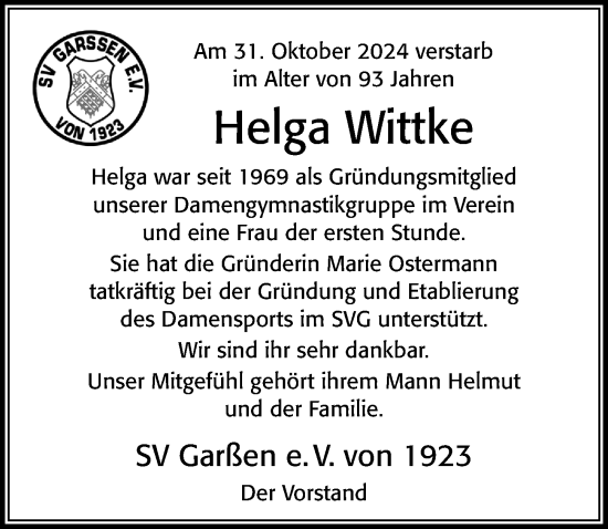 Traueranzeige von Helga Wittke von Cellesche Zeitung