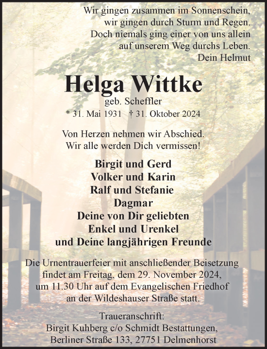 Traueranzeige von Helga Wittke von Cellesche Zeitung