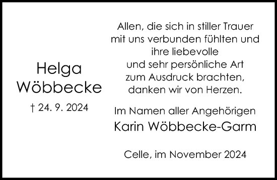 Traueranzeige von Helga Wöbbecke von Cellesche Zeitung