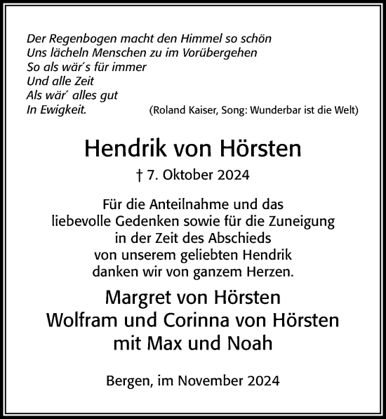 Traueranzeige von Hendrik von Hörsten von Cellesche Zeitung