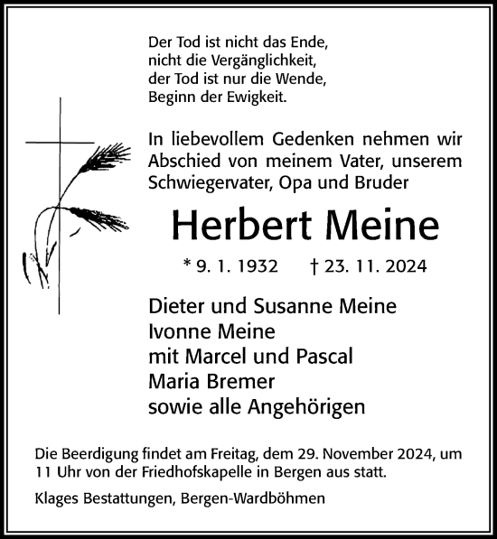 Traueranzeige von Herbert Meine von Cellesche Zeitung