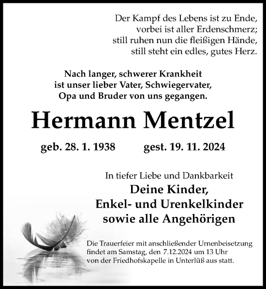 Traueranzeige von Hermann Mentzel von Cellesche Zeitung