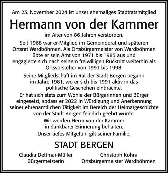 Traueranzeige von Hermann von der Kammer von Cellesche Zeitung