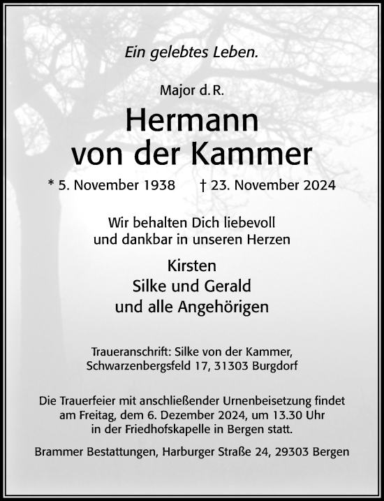 Traueranzeige von Hermann von der Kammer von Cellesche Zeitung