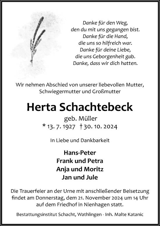 Traueranzeige von Herta Schachtebeck von Cellesche Zeitung