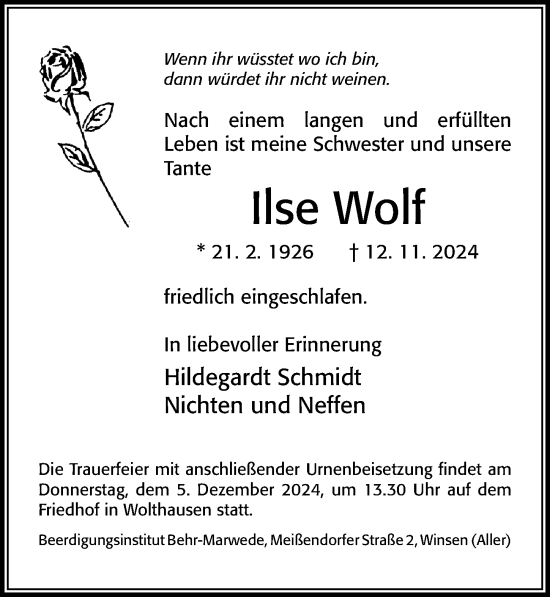 Traueranzeige von Ilse Wolf von Cellesche Zeitung