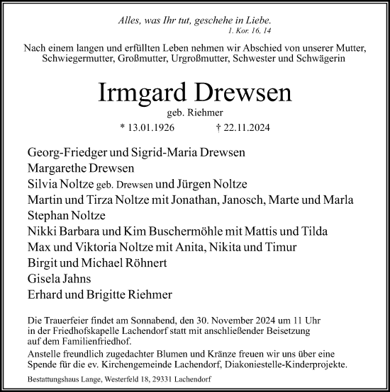 Traueranzeige von Irmgard Drewsen von Cellesche Zeitung