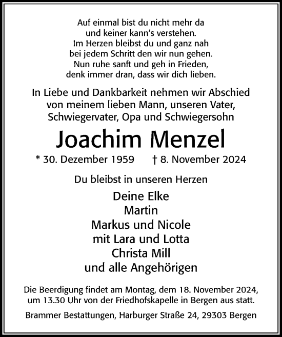 Traueranzeige von Joachim Menzel von Cellesche Zeitung