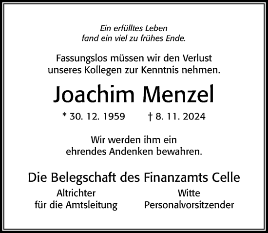 Traueranzeige von Joachim Menzel von Cellesche Zeitung