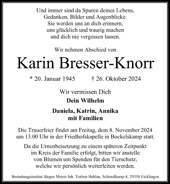 Traueranzeige von Karin Bresser-Knorr von Cellesche Zeitung