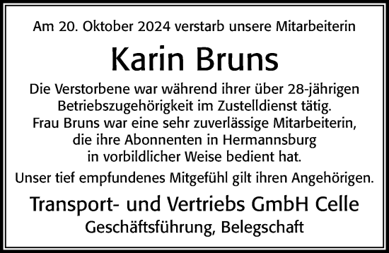 Traueranzeige von Karin Bruns von Cellesche Zeitung