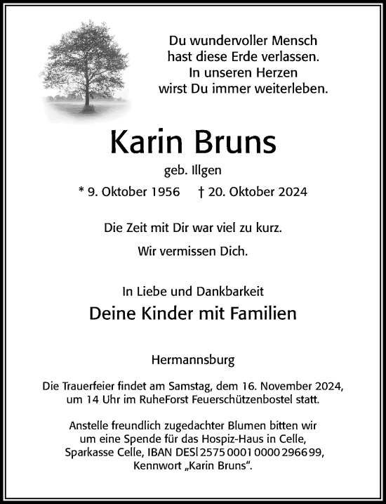 Traueranzeige von Karin Bruns von Cellesche Zeitung
