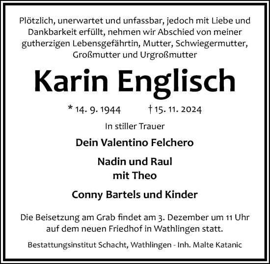 Traueranzeige von Karin Englisch von Cellesche Zeitung