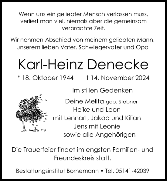 Traueranzeige von Karl-Heinz Denecke von Cellesche Zeitung