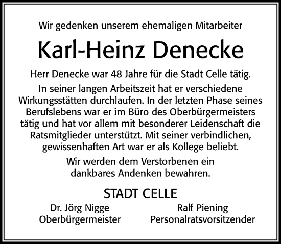 Traueranzeige von Karl-Heinz Denecke von Cellesche Zeitung