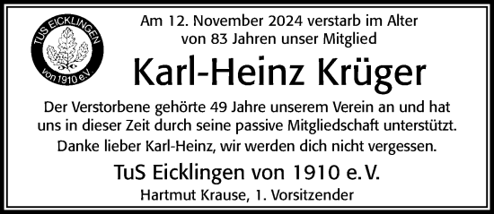 Traueranzeige von Karl-Heinz Krüger von Cellesche Zeitung