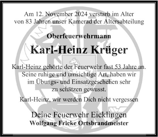 Traueranzeige von Karl-Heinz Krüger von Cellesche Zeitung